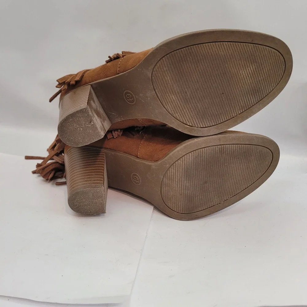 Target Fringe Ankle Boots Womens 6.5 Cognac Brown Leather Block Heel Booties